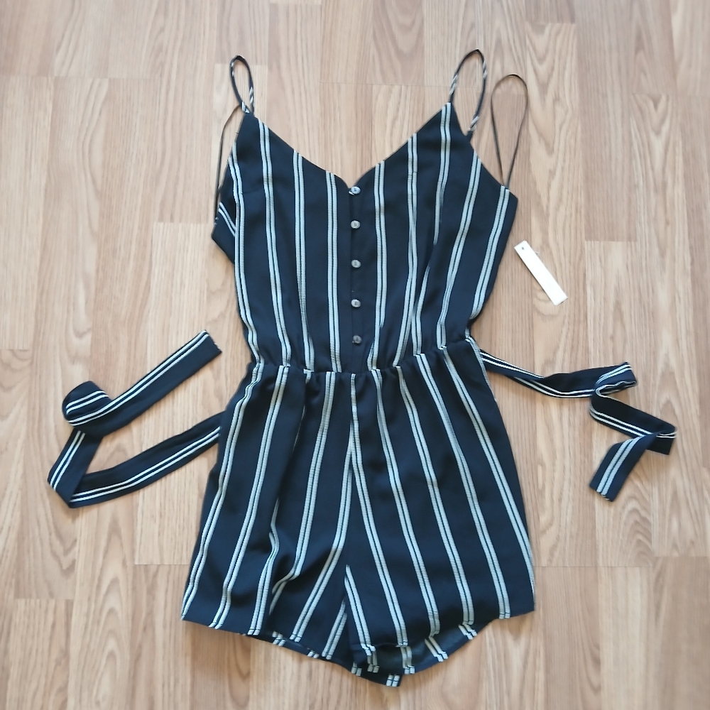 Color Thread Women's Striped Black and White Romper